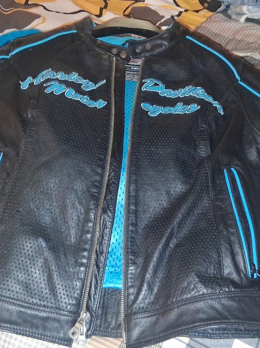 Harley-Davidson Black Perforated Leather Jacket with Blue Accents